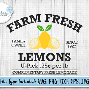 Lemon SVG, Farm Fresh Lemons cutting files, home decor png file for sublimation,  cut files in svg, eps, dxf, png, jpg