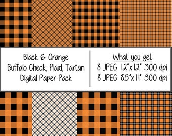 Black and Orange plaid digital paper pack, tartan, buffalo check digital pattern paper (Instant Download) 12x12 and 8 1/2x11 papers