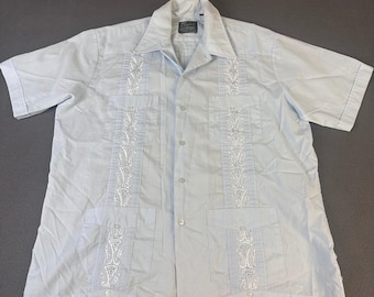 vintage Haband Guayabera chemise homme grande bleu clair brodée mariage cubain