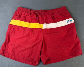 Bañador tipo bermudas vintage para hombre, talla XL, color rojo, con estampado de lunares y banderas, marca Wrangler.