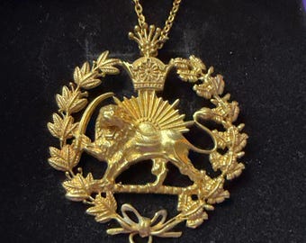 Handmade Brass Lion and Sun Pahlavi Necklace – Unisex Chain Pendant