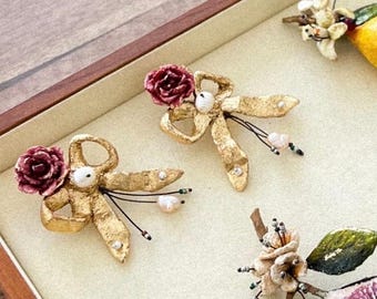 Handmade Gold Leaf Papier-Mâché Bow Earrings, Rose Pearl Statement Jewelry