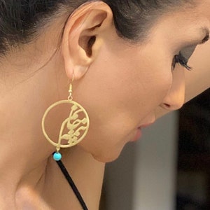 Beautiful Handmade earrings Half of my soul,Nimeyeh Janam,Mat Brass,Color doesn’t change. turquoise stone، گوشواره دستساز نیمه جانم،رنگ ثابت