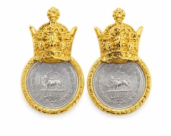 Gold Plated Crown Lion Coin Dangle Earrings, Persian Style Statement Jewelry