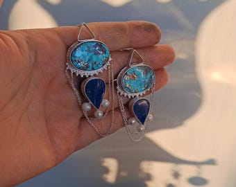 Turquoise Lapis Lazuli Pearl Dangle Earrings: Handmade Boho Silver Chain