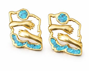 Gold Brass Turquoise Jewelry Set, Handmade Necklace Earrings Ring, Blue Stone Statement Piece