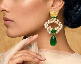 Handmade Crown Pearl Earrings, Green Crystal Drop, Gold Royal Bridal Jewelry