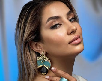 Midnight Elegance Turquoise Earrings With Bold Black Stone