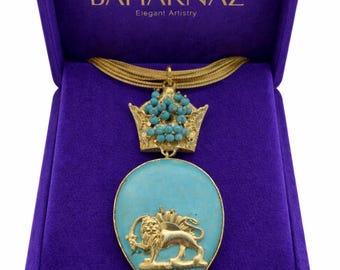 Handmade Turquoise Blue Statement Pendant Necklace | Gold Plated Crown Inspired Jewelry | Elegant Artisan Necklace Gift for Women