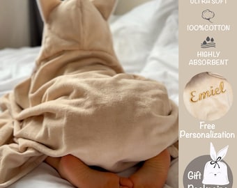 Toalla de spa con capucha de algodón orgánico personalizada para recién nacidos hasta 15 años: temática animal; Regalo único con nombre para bebé, regalo personalizado para recién nacidos, toalla de zorro