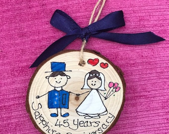 Handmade 45th Sapphire wedding anniversary Wooden plaque. Gift. Tag.