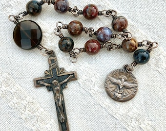 Holy Spirit Handmade Unisex Mens Single-Decade Bronze Rosary with Natural Semiprecious Stones-- Smoky Quartz and Pietersite