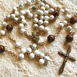 Sacred Heart Handmade Bronze Rosary with Semiprecious Stones-- Howlite and Pietersite