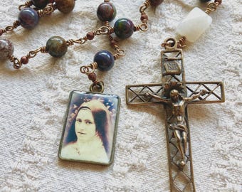 St Terese of Lisieux Handmade Wire Rosary with Semiprecious Stones-- Jasper and Calcite