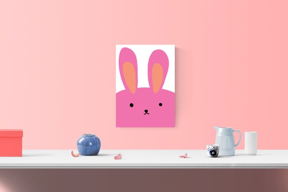 Pink Bunny Drawing Cute Wall Art Nursery Baby Room Printable Rabbit Animal Cartoon Kids Baby Shower Gift Bedroom Decor Print Poster