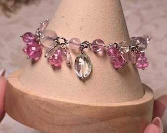 Pulsera de dijes de alta calidad Luxe Lover Girl: topacio rosa, morganita, cuarzo transparente, cuarzo rosa y turmalina rosa