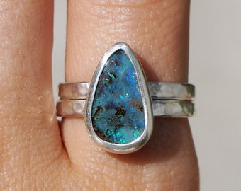 Opal silver ring / Boulder Opal ring / blue opal / large stone ring / blue rainbow stone / natural unique silver ring / size 6.5 US