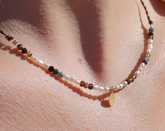 Beaded Pearl choker / gold charm choker / dark Tourmaline layer necklace / freshwater pearl choker / colourful crystal necklace