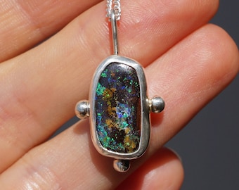 Boulder Opal necklace / Australian Opal silver pendant / green black stone necklace / shiny rainbow stone necklace / bohemian necklace