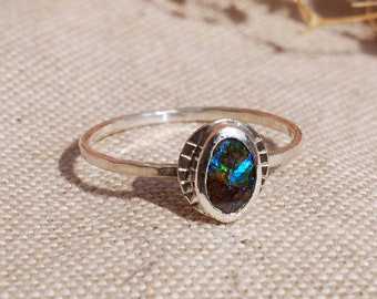 Boulder Opal ring / shiny silver ring / natural stone ring / hammered opal ring / third eye ring / unique silver ring / size 8.5-9 US