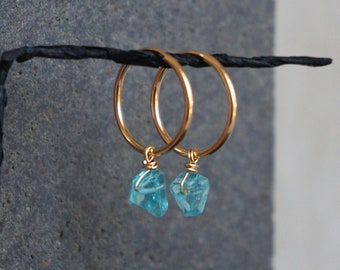 Blue Apatite gold sleepers / blue stone hoops / gold dangle earrings / crystal hoops / blue bead sleepers / Apatite jewelry / healing stone