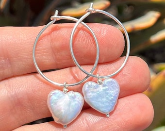 Love hoops / heart pearl earrings / silver hoops / freshwater pearl earrings / pearl love hoops / delicate silver earrings / crystal hoops