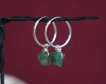 Emerald silver sleepers / green crystal hoops / stone earrings / stone hoops / green bead sleepers / Emerald jewellery / healing crystals