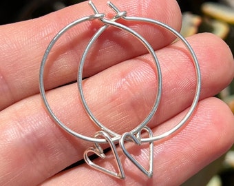 Sterling silver hoops / wire hoops / heart shaped hoops / little heart hoops / heart earrings / recycled earrings / dainty silver hoops