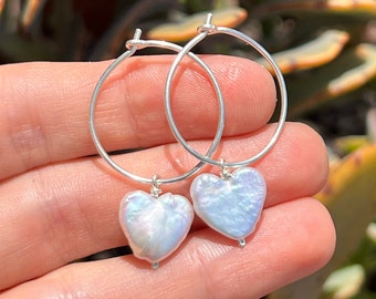 Love silver hoops / Pearl dangle hoops / Freshwater Pearl heart shaped earrings / irregular pearl hoops / sterling silver hoops