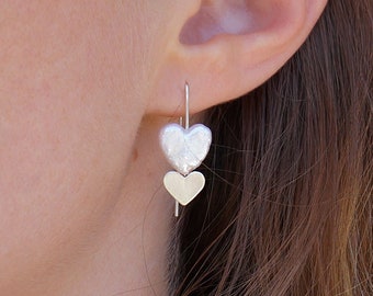 Pearl silver earrings / Freshwater pearl heart dangle earrings / double heart earrings / Wedding silver earrings / unique dangle earrings