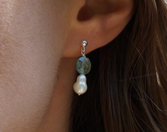Crystal pearl studs / Baroque Pearl dangle earrings / Green Tourmaline studs / elegant dangle studs / green stone earrings / dainty earrings