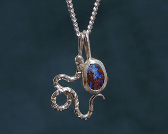 Boulder Opal snake necklace / Opal silver pendant / Blue brown stone necklace / shiny rainbow stone necklace / crystal necklace /unique Opal