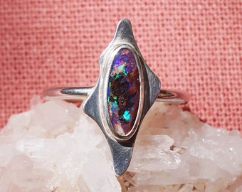 Boulder Opal silver ring / natural Opal ring / organic shape stone ring / purple brown rainbow stone / unique silver ring / size 9 US