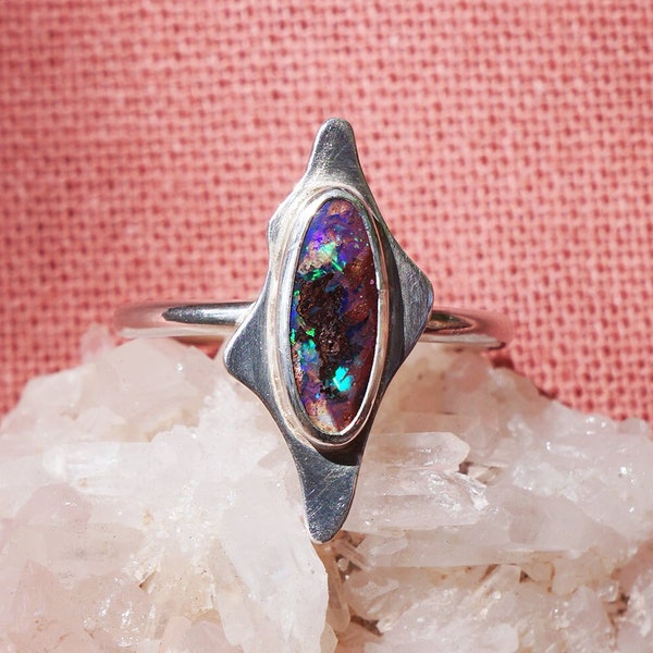 Boulder Opal silver ring / natural Opal ring / organic shape stone ring / purple brown rainbow stone / unique silver ring / size 9 US