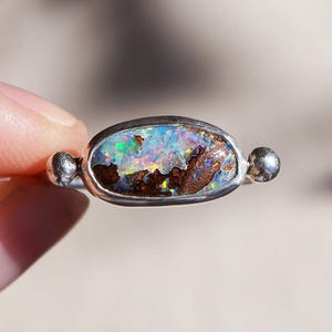 Australian Opal silver ring / natural Boulder Opal ring / shiny opal / red brown blue green stone ring / unique Opal ball ring /US size 8.25
