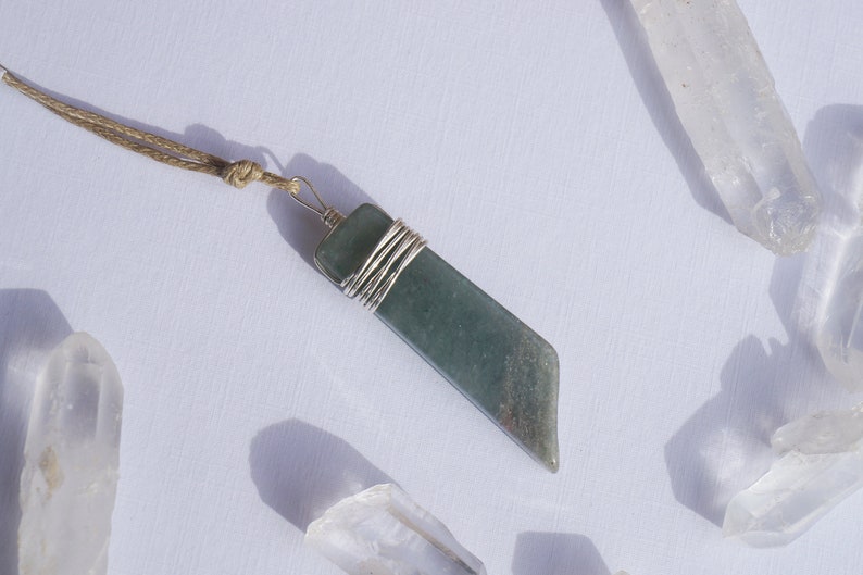 GREEN AVENTURINE crystal stone gemstone necklace pendant wrapped with sterling silver wire on brown beige cotton string