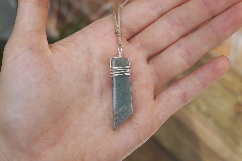 GREEN AVENTURINE crystal stone gemstone necklace pendant wrapped with sterling silver wire on brown beige cotton string