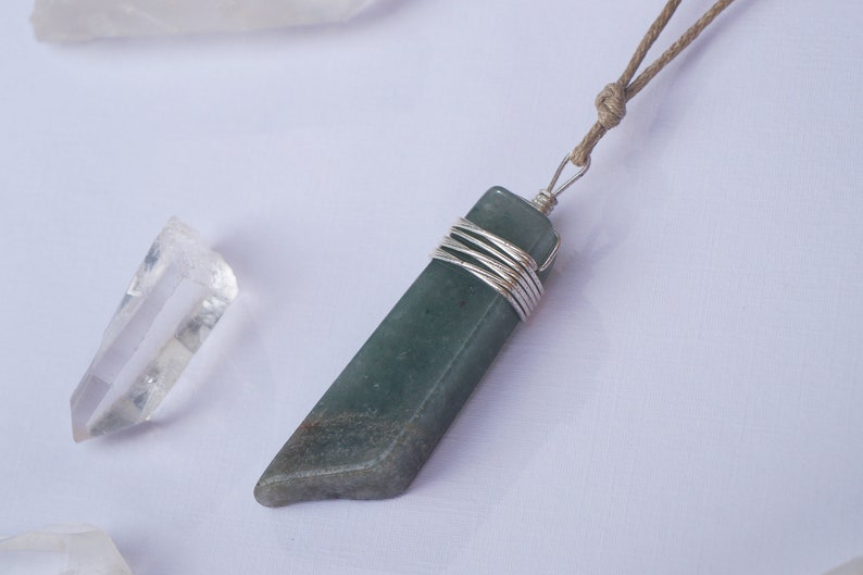 GREEN AVENTURINE crystal stone gemstone necklace pendant wrapped with sterling silver wire on brown beige cotton string