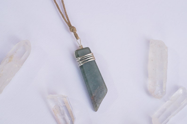GREEN AVENTURINE crystal stone gemstone necklace pendant wrapped with sterling silver wire on brown beige cotton string