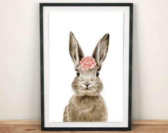 Nursery Rabbit print, animal Boho Wall Art, Bunny prints for girl room, Woodland Watercolor poster, Digital download