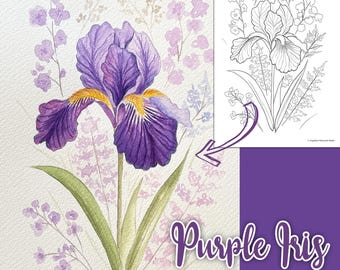 Contorno de acuarela de tarjeta de iris morado / Dibujo lineal imprimible para pintar / Arte botánico / PDF