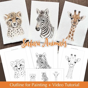 May include: Watercolor paintings of safari animals, including a cheetah, zebra, and giraffe. The artwork is displayed with black and white outlines of the same animals. The text "Safari Animals" is visible. The size is 6x9 inches (15x23 cm).