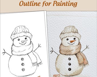 May include: A Christmas card design featuring a snowman outline for painting. The image shows a watercolor snowman with a beige hat, scarf, and carrot nose. The text "Snowman Christmas Card Outline for Painting" is at the top.