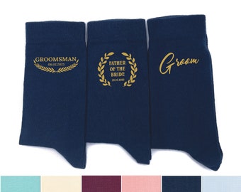 Groomsmen navy blue socks custom name for wedding day gift Save the date