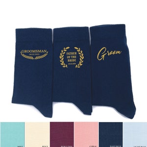 Groomsmen navy blue socks custom name for wedding day gift Save the date