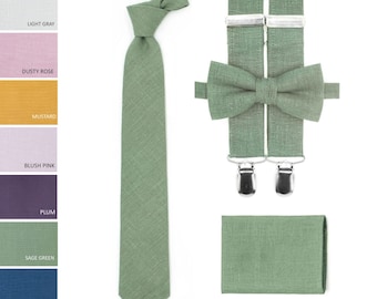 Sage green tie and pocket square Eucalyptus bow ties and suspenders for baby boys and mens