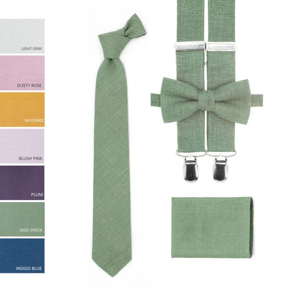 Sage green tie and pocket square Eucalyptus bow ties and suspenders for baby boys and mens