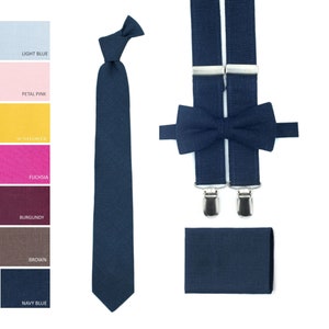 Navy Linen Suspenders, Bow Tie, Neck Tie & Pocket Square Set