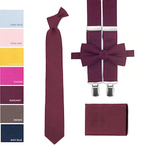 Burgundy Suspenders and Tie Wine Suspenders and Bow Ties Burgandy Neck Tie and Pocket Square Maroon Colored Suspenders and Neck Tie Sets
