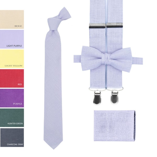 Davids Cravates de mariée et pochette de costume assortie en iris violet clair, nœud papillon et bretelles de mariage pour homme